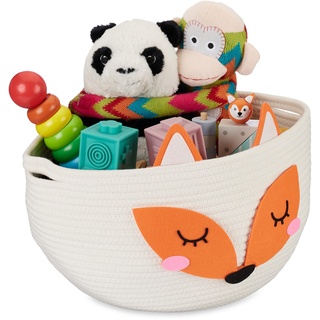 Relaxdays Aufbewahrungskorb für Kinder, Baumwollkorb Fuchs, H x D: 26 x 35 cm, Spielzeugkorb Kinderzimmer, weiß/orange