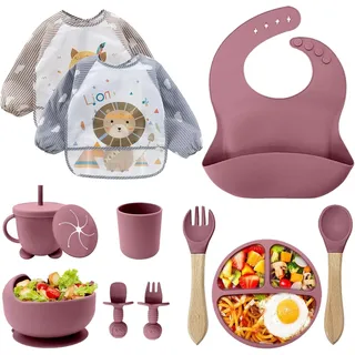 Baby Geschirrset 12-teilig Silikon Lätzchen Teller mit Saugnapf Besteck BPA-frei