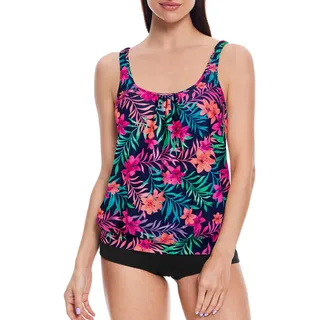 loginsummer Badeanzug Zweiteilig Damen, Tankini Damen Bauchweg, Große Größen High Waist Tankini Set, Blouson Tankini Oberteil mit Badeshorts - 40