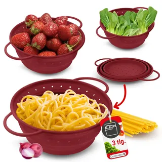 Coolinato – Silikonsieb faltbar 3er Set 16/20/ 24cm Rot – Nudelsieb zum abseihen - Küchensieb spülmaschinenfest, BPA-frei, & hitzebeständig bis 230°C - Platzsparendes Abtropfsieb zusammenklappbar