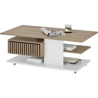 Stolkom Couchtisch ALLY, Wohnzimmertisch rollbar Weiß, Artisan Dekor, BxHxT 110x44,5x60 cm Schubladenfront mit Lamellen-Optik, Couchtisch rollbar