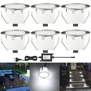 DarisingSun 6er Set LED Terrassen Einbaustrahler Aussen 12V IP67 wasserdicht Ø45mm 1W Bodeneinbauleuchten für Küche Garten Treppen Gehweg Holzbrücke Balkon Terrasse, Kaltweiß