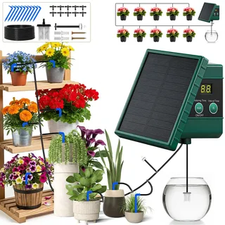 Onherm Solar Bewässerungssystem, Automatische Bewässerung Für Außen Garten, Zeitschaltuhr Bewässerung Mit 10M Tropfschlauch, Pflanzen Bewässerung Hochbeet Gewächshaus Zubehör