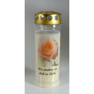 Grabkerze mit Spruch und Motiv Rose, (21x7,5 cm) Grablicht mit 7 Tage Brenndauer (3755), Wetterfestes Trauerlicht mit Deckel, Hochwertige Trauerkerze, Edle Gedenkkerze aus Deutschland