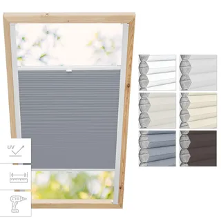 Estika Dachfenster-Wabenplissee mit Bohren für Fakro-Fenster – Modell 66/98 – Stofffarbe Grau-Weiß – Dachfensterrollo, Innenrollo, Fensterplissee