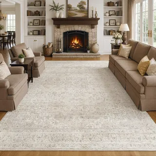 Beauoop Waschbarer Teppich 200x300 cm Beige Vintage Wohnzimmer Schlafzimmer | Kurzflor Weich Rutschfest Groß Carpet Orientalischer Retro Esszimmer Büro Teppiche Gegend Area Rug for Living Room Bedroom