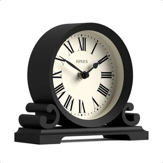 JONES CLOCKS® Saloon Kaminuhr | Kleines Doppelvoluten-Design | Schwarz | Traditionelles Design mit römischen Ziffern | Klassischer Stil für Schreibtisch, Tisch, Regal oder Nachttisch