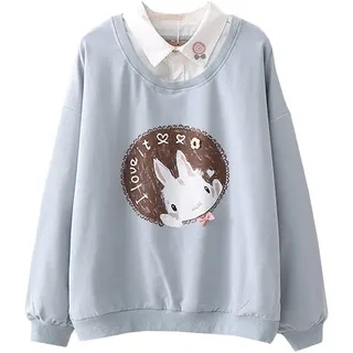 Packitcute Süßer Pullover Sweatshirts für Damen, lange Ärmel, Baumwolle, Häschen, Patchwork, Frühling, Herbst, gefälschte zweiteilige, dünne Oberteile, Blau, M - M