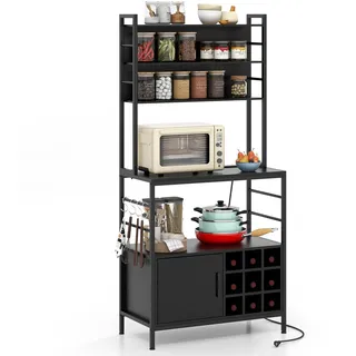 KOMFOTTEU Küchenregal mit Steckdose 170cm Hoch, Bäckerregal aus Holz & Metallrahme, Mikrowellenregal mit S-förmigen Haken & Weinflaschenhaltern, Aufbewahrungsregal mit Lagerschrank (Schwarz)