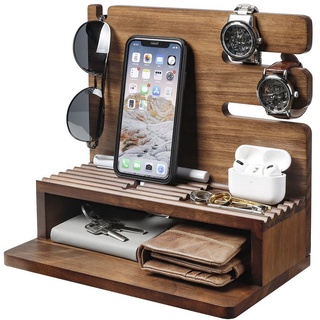 Yorbay Organizer Telefon Docking Station aus Holz, Geschenk für Männer Ehemann Freund, Schreibtisch Tisch Organizer für Uhren Handy Tablet Brille Geldbörse