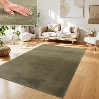 Paco Home Teppich Wohnzimmer Kunstfell weich waschbar modern elegant pflegeleicht Felloptik Uni Seidenglanz flauschig Hochflor, Farbe:Grün, Grösse:160x220 cm