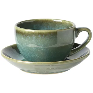 Cappuccinotassen mit Untertassen 2er Set 350ml Spülmaschinenfest Cappuccino Tassen mit Henkel aus Keramik (Dark Green)