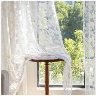 Lapamax Gardine Jacquard-Scheibengardinen mit Ösen, leicht & weich, Dekoschal, 2er-Set Voile-Vorhänge mit Gold-Schmetterlingen, Blättermuster 140 cm x 175 cm