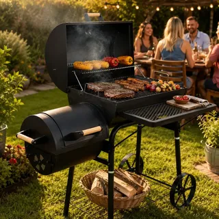 30 kg Smoker Grill Holzkohlegrill BBQ Grillwagen Lokomotive XXL mit Feuerbox, Thermometer, Warmhalterost & Ablagen-Räuchergrill aus Stahl Schwarz 125x55x120cm, Grillfläche 65x34cm, Geschenk für Männer