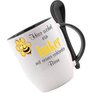 Tasse m. Löffel Hier wohnt ein Imker mit seiner schönsten Biene Löffeltasse, Kaffeetasse mit Motiv,Bürotasse, bedruckte Tasse mit Sprüchen - auch individuelle Gestaltung nach Kundenwunsch