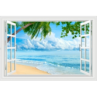 Lichi 3D Falscher Fenster-Wandaufkleber, Wandbild, Motiv: Meer, Strand, Kokosnussbaum, Aussicht mit Wind
