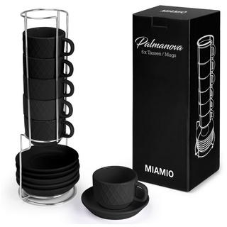 MiaMio Espressotasse MIAMIO – 6 x 75 ml Espresso Tassen / Espressotassen Set mit Ständer schwarz