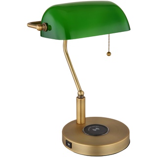 Schreibtischleuchte Bankerlampe Tischlampe altmessing Glas grün Leseleuchte, kabelloses Laden USB Anschluss, Zugschalter, 1x E27, LxH 26,5x36 cm