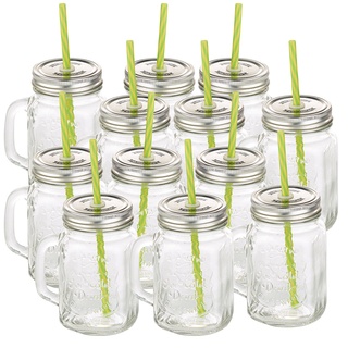 Retro-Trinkglas mit Henkel, Deckel und Trinkhalm, 12er-Set