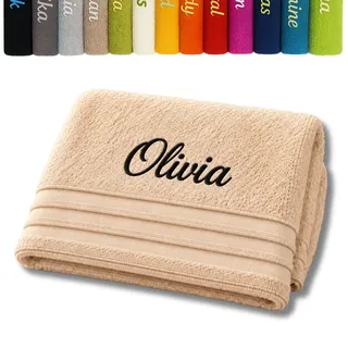 Pet-Jos Personalisiertes Badetuch mit Name Schön bestickter Name Personalisiertes Handtuch 140 x 70 cm Baumwollbadetuch (Beige)