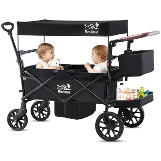 Rovique Bollerwagen für 2 Kinder,faltbarer Bollerwagen mit Dach Kinderwagen Handwagen mit 5-Punkt-Gurt,Tür mit Reißverschluss,Snack Tablett,verstellbarer Griff,Ziehen & Schieben,schwarz