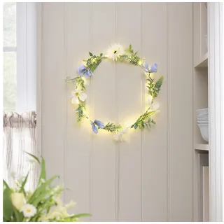 Lights4fun Dekokranz Weißer & blauer LED-Blumenkranz mit warmweißen Mikro-LEDs & Timer