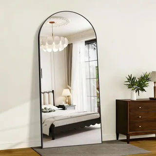 KOCUUY Bogen Standspiegel, 192 x 85 cm Großer Gewölbter Ganzkörperspiegel, Groß Wandspiegel mit Schwarz Aluminium Rahmen, Hängend, Stehend, Kippbar, für Wohnzimmer, Schlafzimmer und Flure