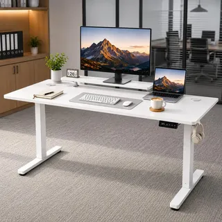 DUMOS Höhenverstellbarer Schreibtisch 160 x 60 cm, Elektrischer Schreibtische Höhenverstellbar, Gaming Tisch mit Monitorständer, Stehpult Verstellbarer Computertisch, Adjustable Standing Desk, Weiß