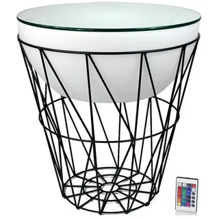 Arnusa Couchtisch LED Beistelltisch beleuchtet rund Korbtisch Metall 50x56 cm, Tisch mit Fernbedienung kabellos nutzbar RGB+W Lounge weiß