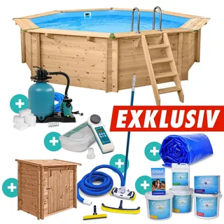 Holzpool Rund Komplettset Massivholz Pool Wärmepumpe Poolroboter UV-C Filter
