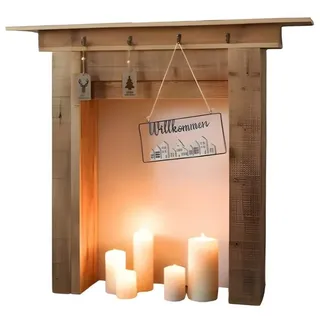 Dekoleidenschaft Kaminumbauschrank Kaminkonsole "Rustikal" aus recyceltem Holz, Kaminumrandung, Kaminsims Kaminrahmen, Kaminattrappe, Kaminumbau, Dekokamin Fake Kamin Umrandung beige