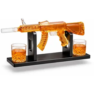 AK47 Kalaschnikow Whisky Dekanter Set aus Glas 850ml inkl. 2 Whiskeygläser 225ml – Karaffe in Gewehrform auf Holzständer – Luxus Geschenkset