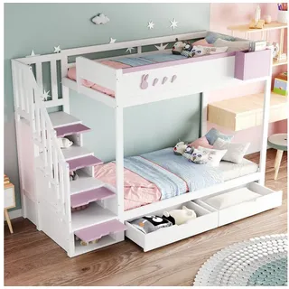 REDOM Etagenbett abnehmbarem Ablagefach, Sicherheitsleiter, Schubladen und Lattenrost (mit Kaninchen- & Karottenmotiven, Kinderbett Holzbett 90×200 cm), ohne Matratze rosa