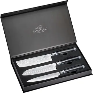 Sabatier International Messer-Set 3-tlg. Santokumesser/Nakiri/Sashimi 67-lagiger Damaststahl Schwarz