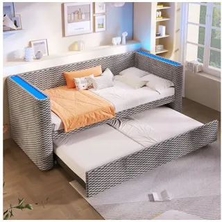 Celya Schlafsofa Tagesbett, Daybett, Schlafsofa, 90 × 200 cm, 180 × 200 cm, multifunktionales Ausziehbett-Design mit LED-Lichtleiste grau