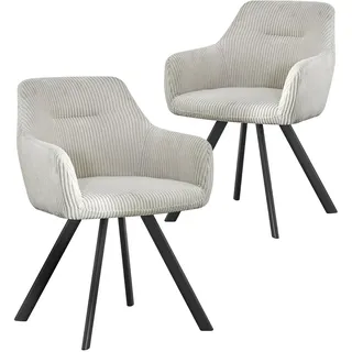 B&D home® Esszimmerstühle Cyrus 2er-Set – Polsterstuhl mit Armlehnen, Cordstoff Hellgrau, stabiles Metallgestell schwarz, moderner Industrial-Look für Küche, Esszimmer & Wohnzimmer