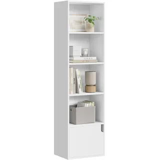 eSituro Bücherregal weiß, schmales Regal mit Tür, 5 Fächern, Standregal Würfelregal für Wohnzimmer Schlafzimmer Büro