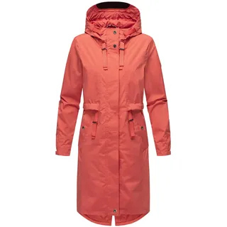 Navahoo Damen, Leichter Übergangsmantel Kurzmantel lang mit Verstellbarer Kapuze Silberperlee Coral Red Gr. XL - XL