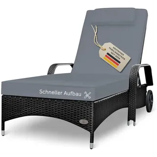 RS Trade Sonnenliege Gartenliege Wetterfest Rattan – XXL Relaxliege extra breit mit Rollen & Armlehnen, Verstellbar, bis 200kg, Outdoor Liege für Garten, Terrasse & Balkon, schwarz mit Grauer Auflage