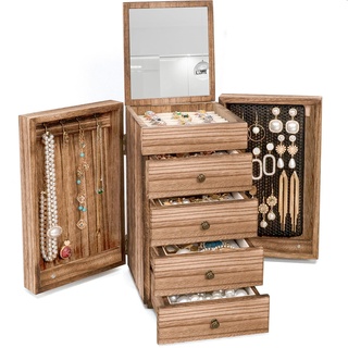 Meangood Schmuckkästchen aus Holz für Damen, 5-lagig, große Organizer-Box mit Spiegel und 4 Schubladen für Ringe, Ohrringe, Halsketten, Vintage-Stil