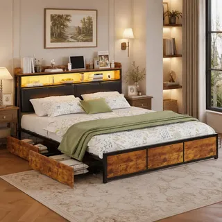 OLIVIBED Doppelbett 180 x 200 cm, Polsterbett mit Stauraum-Kopfteil und Schubladen, Jugendbett für Schlafzimmer und Gästezimmer, Schwarz und Vintage-braun, PU, Ohne Matratze