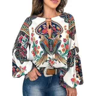 ORANDESIGNE Damen Vintage Bohemian Blusen Hippie Blumen Bluse Boho Tunika Elegante Oberteile Tops Langarm Shirt B Weiß M - M