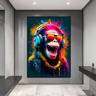 JACBON Street Pop Art, lustige Tiere, Affen mit Kopfhörern, Poster, Drucke, Spielgriffe, Leinwandgemälde, Wandkunst für Heimdekoration, 60 x 90 cm, rahmenlos