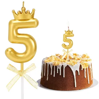 Geburtstag Nummer Kerzen, Zahlenkerze mit Schleife und Krone Mädchen Geburtstagskerzen Kuchen Kerzen Zahl 5 Glitzer Kuchen Topper Dekoration für Hochzeit Geburtstag Jubiläum Feier Abschluss, Golden