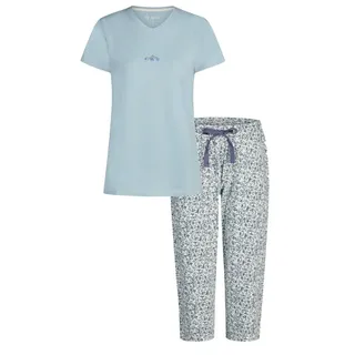 By Louise Schlafanzug Damen Pyjama mit Caprihose (2 tlg) Modisches Design blau XXL