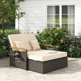 Rattan Lounge Möbel Outdoor, Gartenlounge 2 Sitzer mit Liegefunktion, Gartensofa-Set mit Hocker, Doppelliege mit Stauraum - Beige