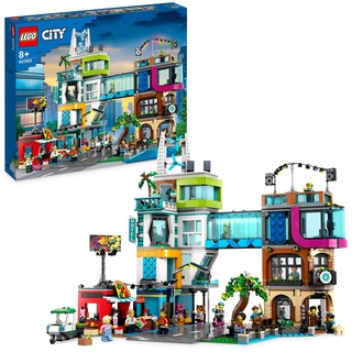 LEGO City Stadtzentrum Set, Modellbausatz, Spielzeug mit Spielzeugläden wie Friseur, Tierarzt, Hotel und Dachdisco mit Minifiguren und Straßenplatten, Geschenk zum Geburtstag für Kinder 60380