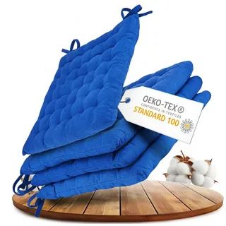 Gräfenstayn Stuhlkissen 4er Set Baumwoll Sitzkissen 40x40x5cm Haltebänder Indoor Outdoor, robustes Sitzkissen für Indoor & Outdoor, mit Haltebändern blau