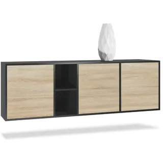 Vladon Sideboard Cuba (Kommode, mit 3 Türen und 2 offene Fächer), Schwarz matt/Eiche sägerau (182 x 53 x 35 cm) braun