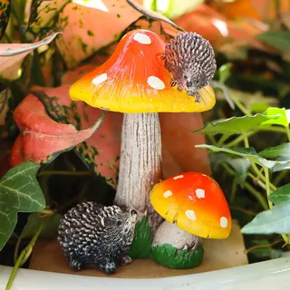 Pilze Deko,RUNEAY Kunstharz Pilz Igel Deko Gartenstatuen Ornament Geschenk Dekoration für Haus Rasen Hof Terrasse Balkon Außen Potting